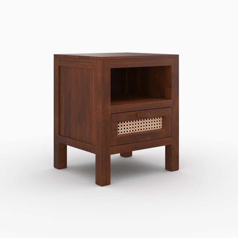 Table de chevet Tiki en bois de manguier et cannage