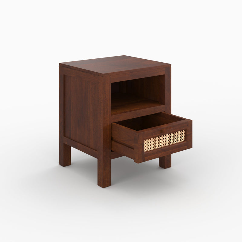 Table de chevet Tiki en bois de manguier et cannage