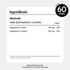 Tableau des ingrédients et apports nutritionnels des gummies magnésium - 180 mg par unité, 60 gummies par sachet l Bears with Benefits