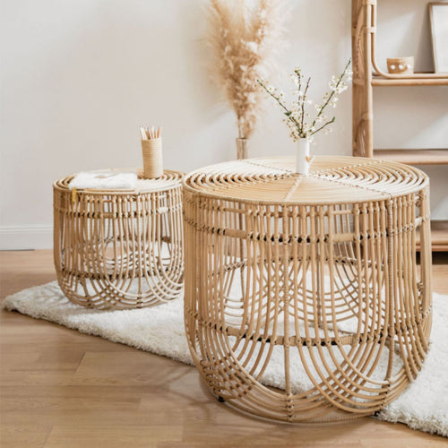 Set Of 2 Wicker And Metal Coffee Tables - Java - Natural