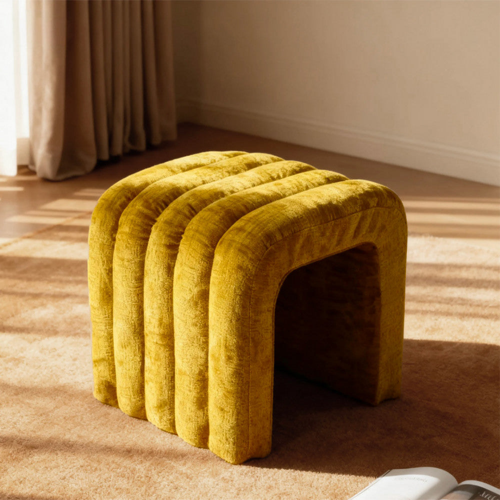 Mui - Tabouret Rembourré - Tissu Chenille - Jaune Moutarde
