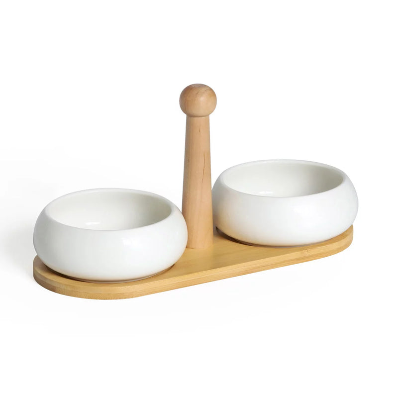 Set Of 2 Ceramic Aperitif Cups With Tray - Tapas - Bamboo