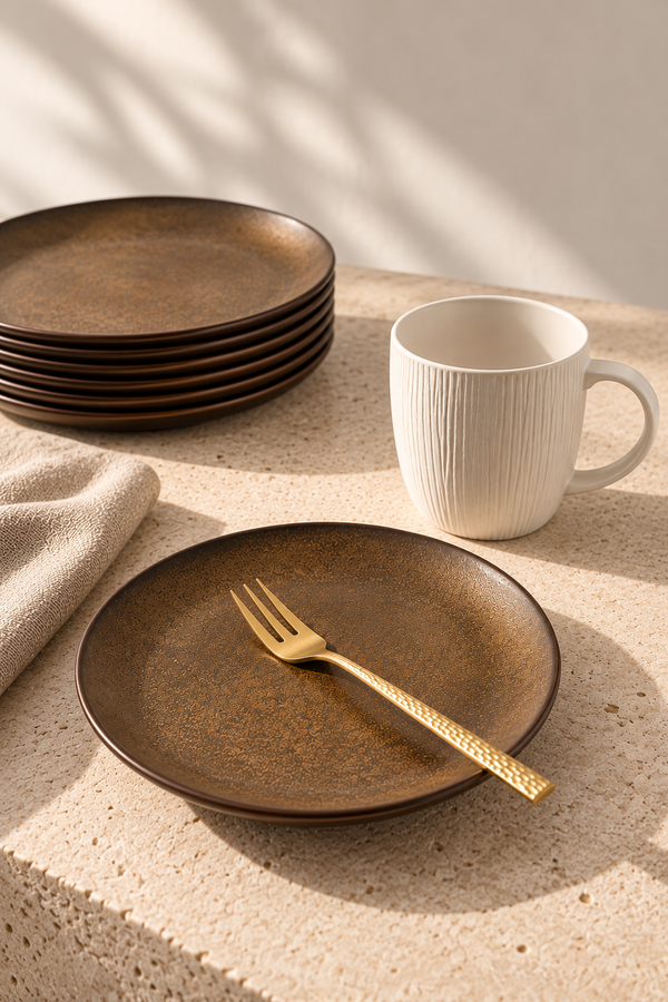 Tara Bronze - 18-Piece Dessert & Afternoon Tea Set - Stoneware/Stainless Steel - Bronze
