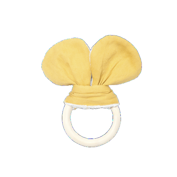 anneau de dentition en bois oreilles ours jaune en coton biologique fabelab