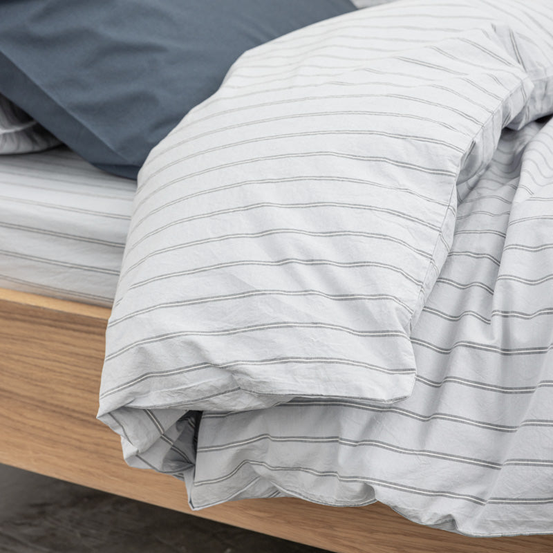 Housse De Couette En Percale De Coton Lavé 300 Fils - Rayures Bleues Grises