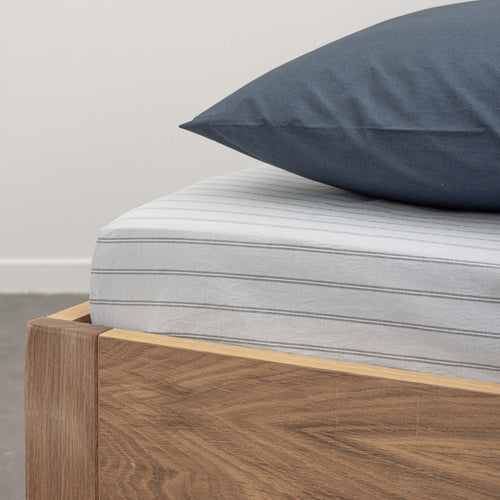 Drap Housse En Percale De Coton Lavé 300 Fils - Rayures Bleues Grises