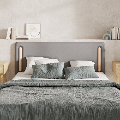 tete de lit tissu gris et bois duo matiere