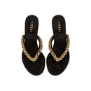 Thory Black Mid-Heel Thong Sandal with bold chain detail, perfect for stylish summer looks.