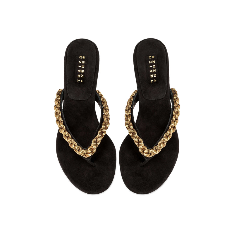 Thory Black Mid-Heel Thong Sandal with bold chain detail, perfect for stylish summer looks.