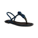 Elegant Thory Navy Flat Sandal with braided navy raffia straps, crafted from silk satin for a refined casual look.