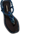 Thory Navy Flat Sandal featuring elegant braided navy raffia straps and a minimalist silk satin design.