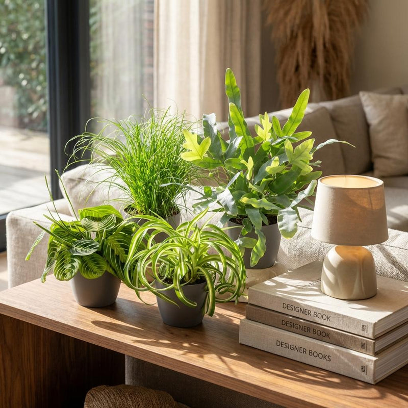 Mezcla de plantas aptas para mascotas x4: Chlorophytum, Cyperus, Phlebodium, Marantha