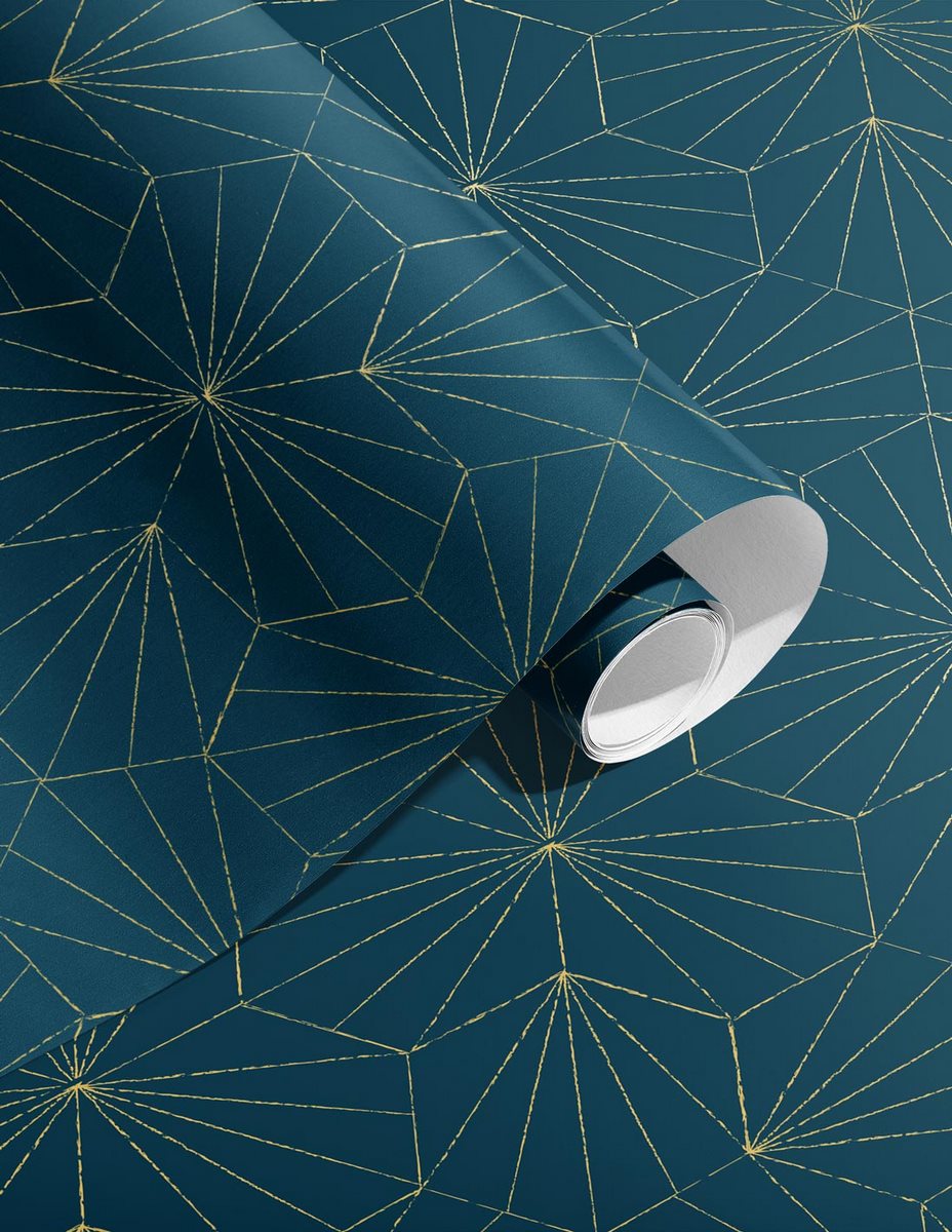 Rouleau Papier Peint Tiles - Bleu Petrole Doré