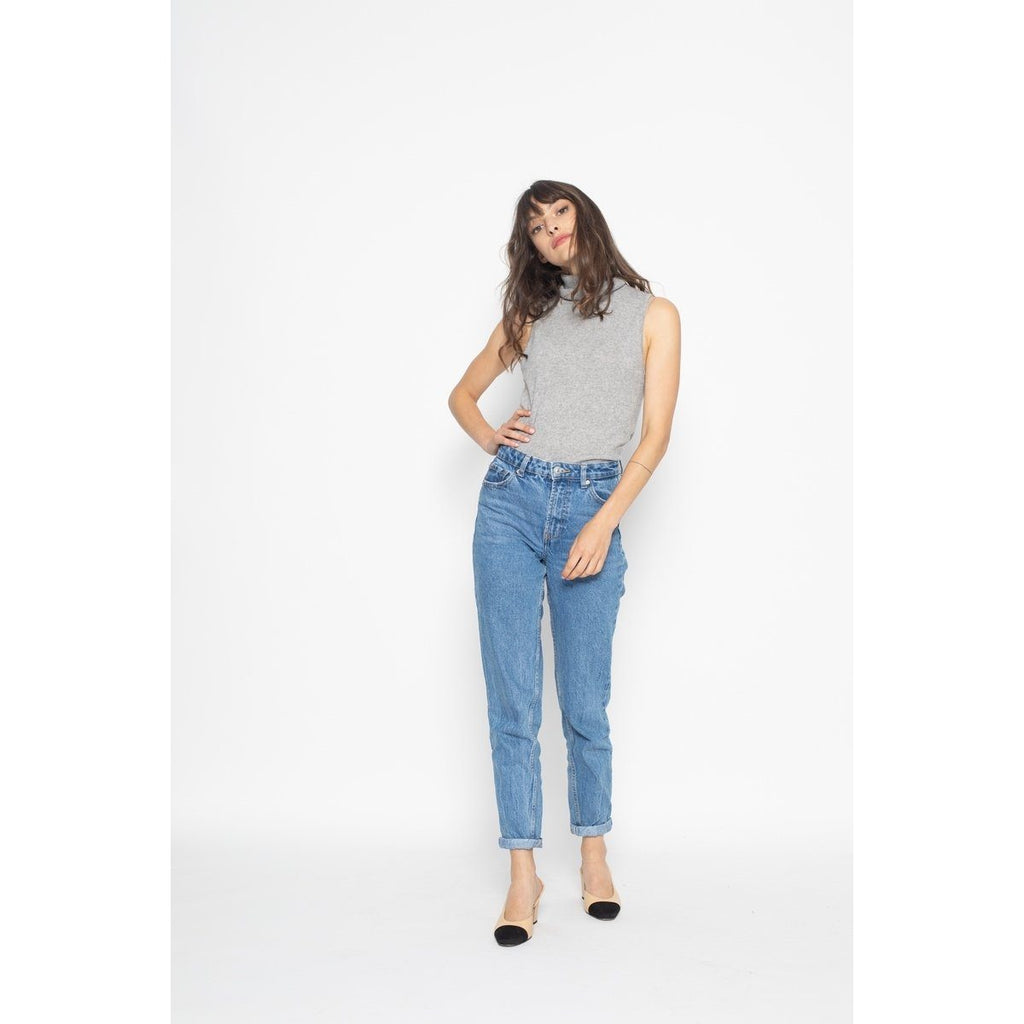 Top de cuello alto sin mangas Capucin gris jaspeado, punto jersey, 100% cachemira, 2 hilos - Mujer