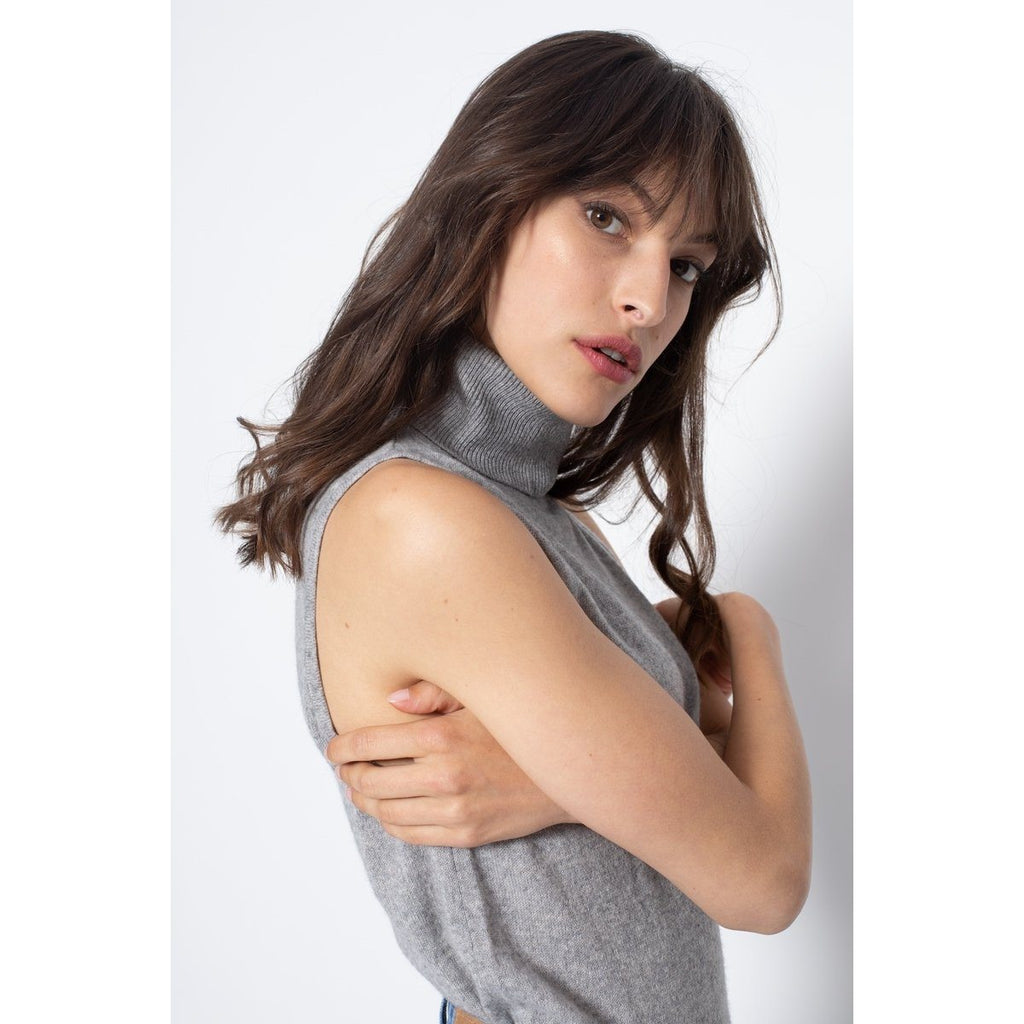 Top de cuello alto sin mangas Capucin gris jaspeado, punto jersey, 100% cachemira, 2 hilos - Mujer