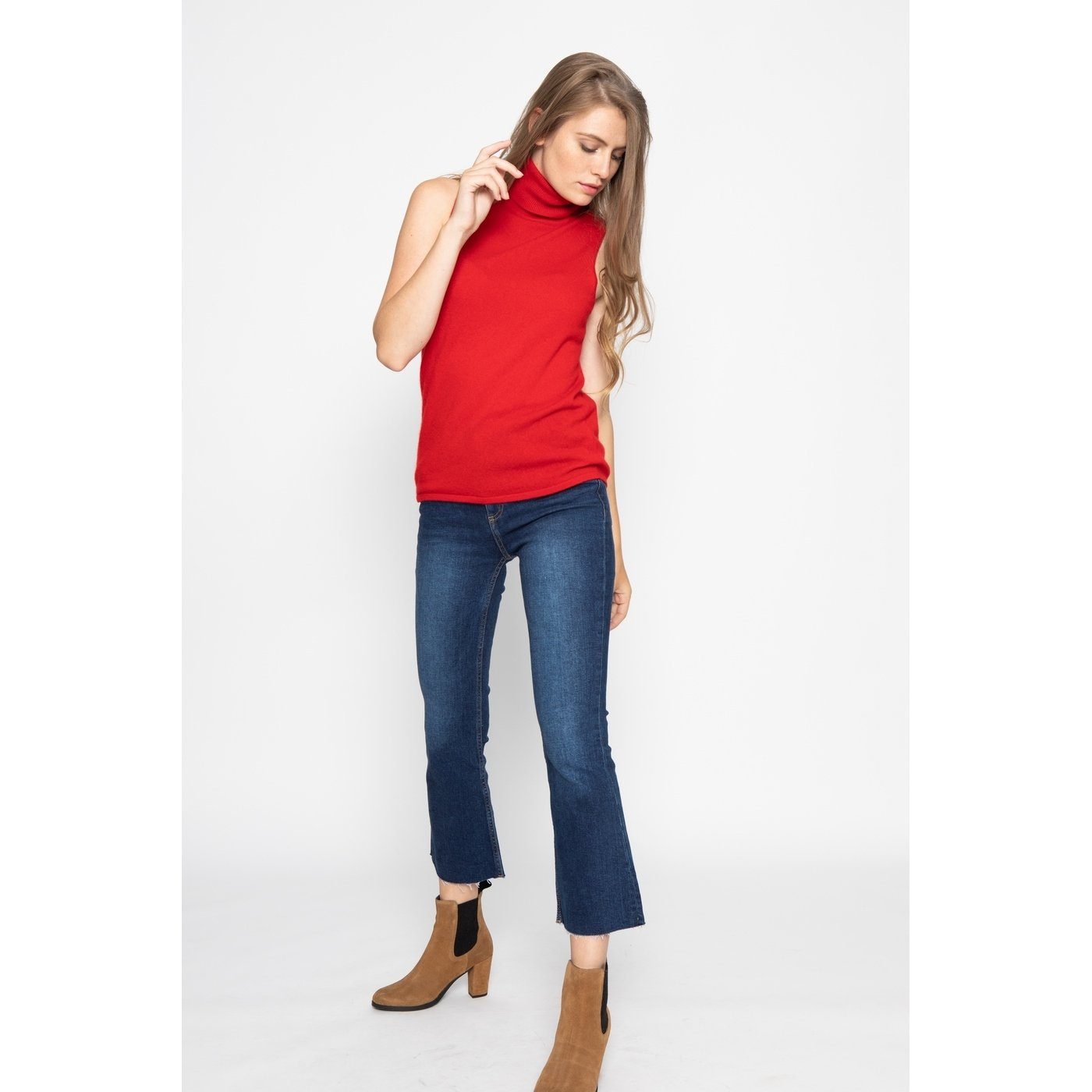Top de Cuello Vuelto Sin Mangas Violeta Rojo, 100% Cachemira, 2 Hilos, Jersey - Mujer