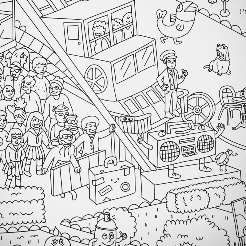 Illustration de la base de la Tour Eiffel à colorier avec rues de Paris, touristes et arbres