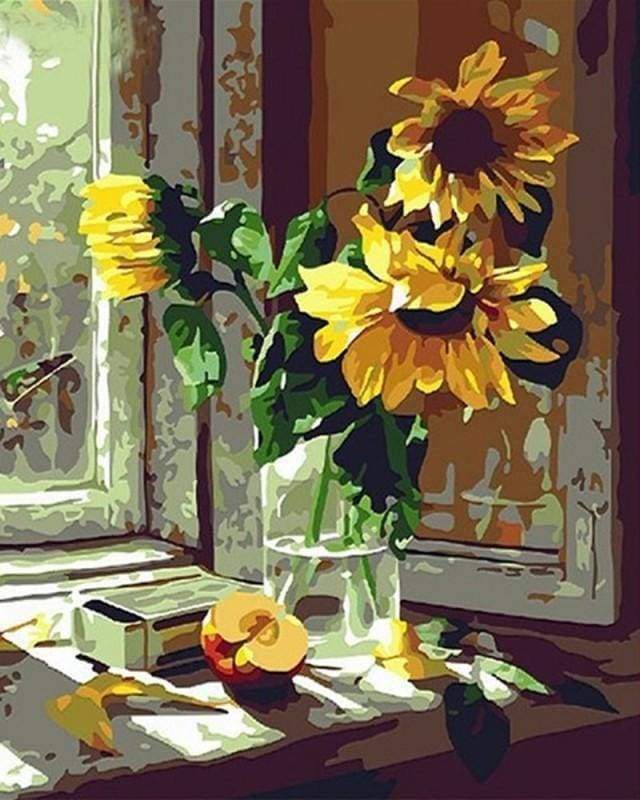 Peinture Par Numéros - Tournesols Et Pomme Devant La Fenêtre