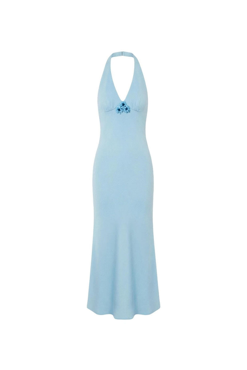 Robe Dos-Nu En Lin Mélangé Ornée De Fleurs – Bleu