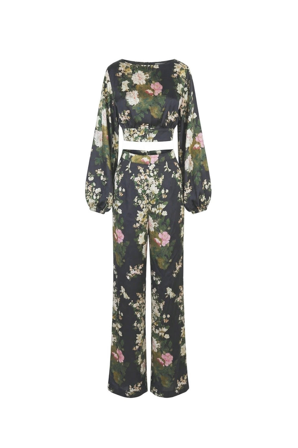 Chinese Peony Print Straight Trousers – Black