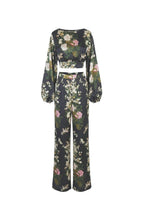 Top in raso con stampa di peonie cinesi – Nero