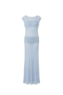Robe Longue Drapée En Dentelle – Bleu