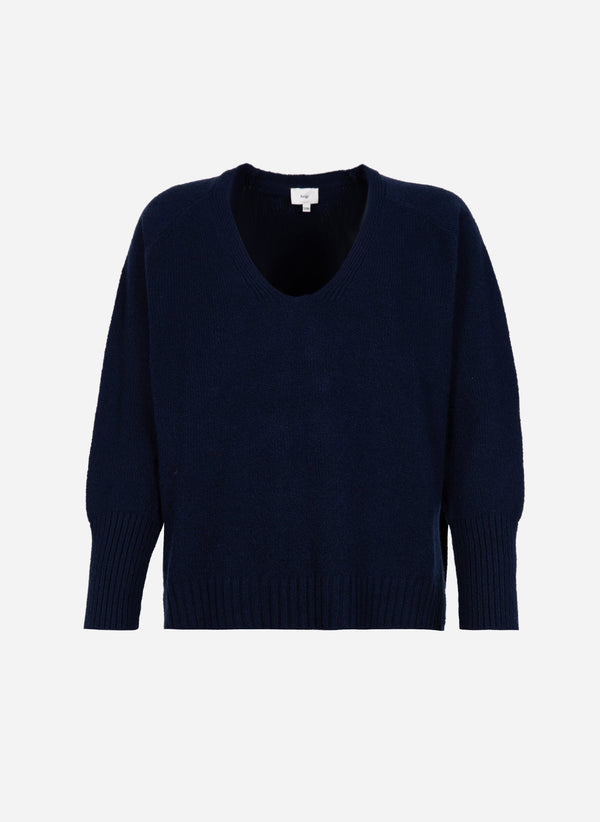 An'ge – Pull Valdea Marine, pull en maille bleu marine à col en V, vue de face