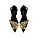 Valeria Black Flat Ankle Ballerina with gold leaf embellishments, showcasing elegance and comfort in suede design.