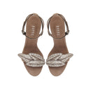 Valeria Praline High-Heel Ankle Cross Sandal with metallic leaf embroidery, perfect for chic evening attire.