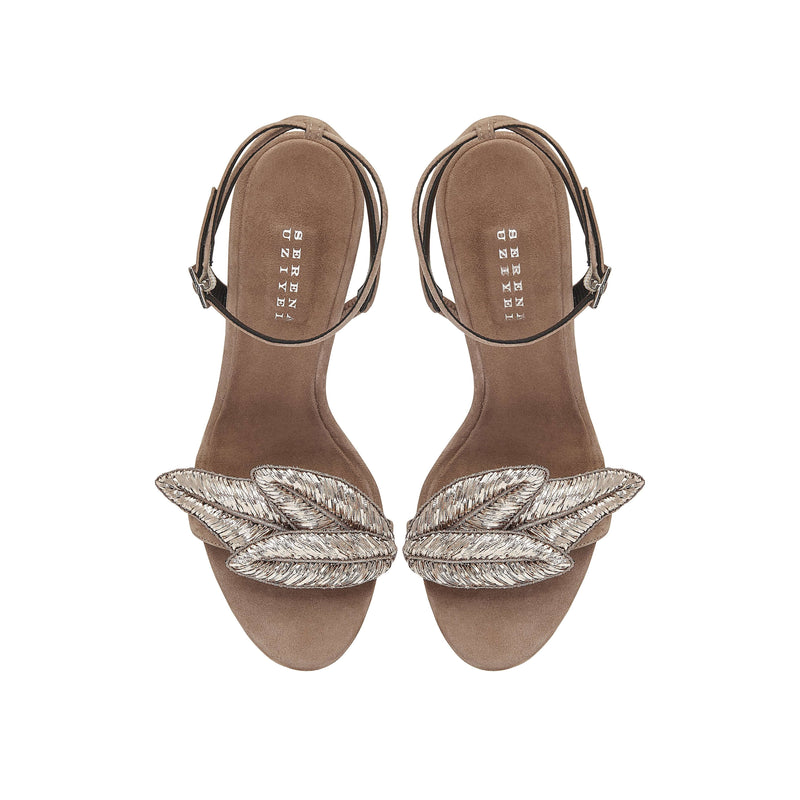 Valeria Praline High-Heel Ankle Cross Sandal with metallic leaf embroidery, perfect for chic evening attire.