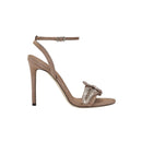 Valeria Praline High-Heel Ankle Cross Sandal in beige with metallic leaf embroidery, perfect for chic night out ensembles.