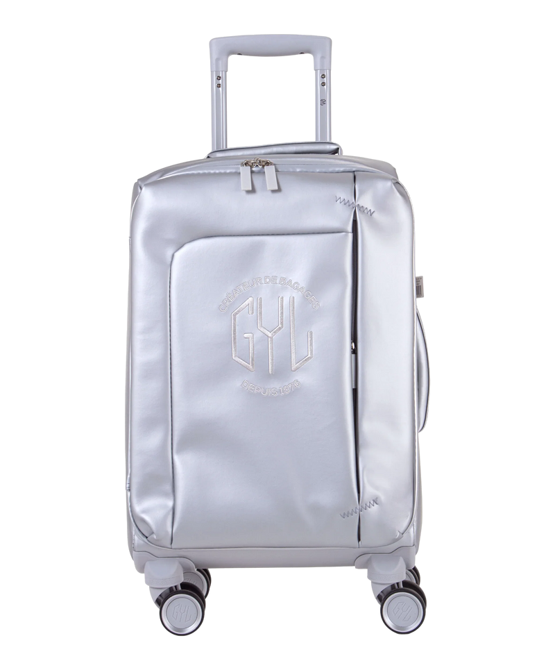 Valise Evasion GYL souple cabine 55 cm coloris argent vue de face avec logo GYL