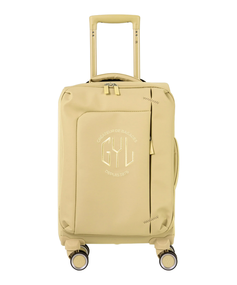 Valise Evasion GYL souple cabine 55 cm coloris champagne vue de face avec logo GYL