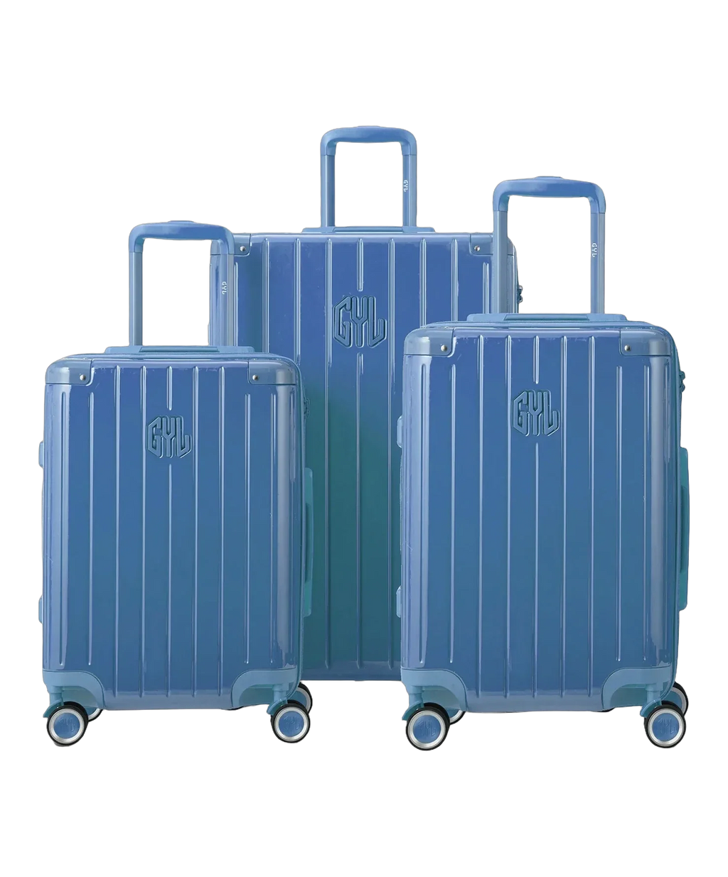 Set de 3 valises rigides Intemporelle en polycarbonate coloris bleu grise vue de face avec logo GYL