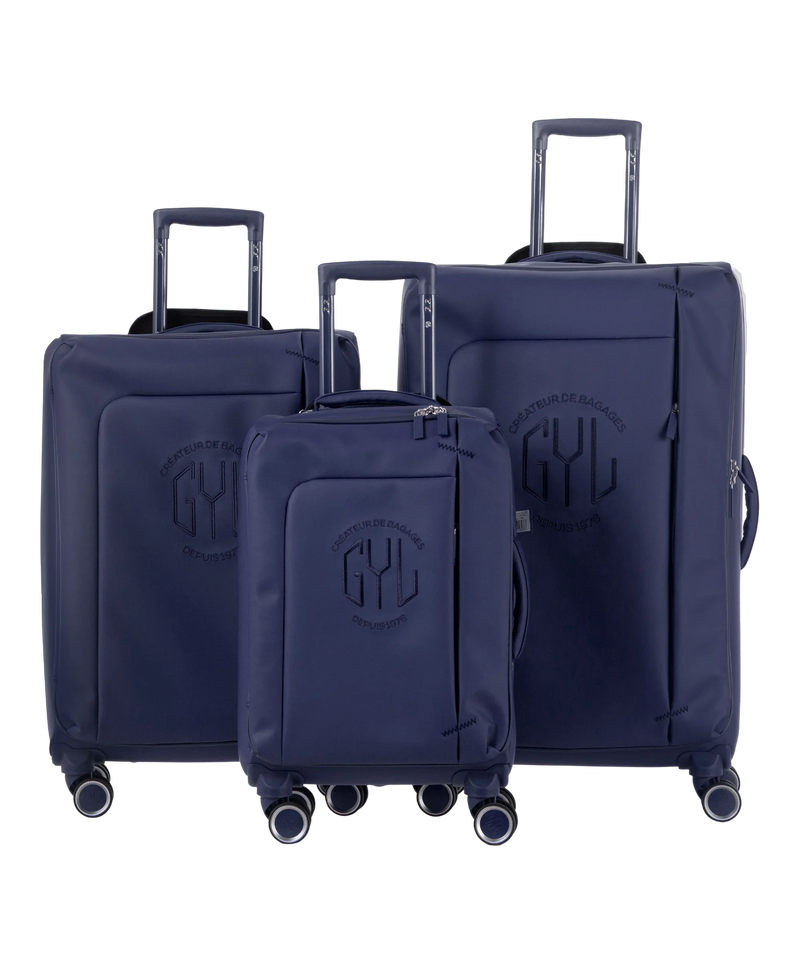 Valise Evasion GYL souple set de 3 valises cabine semaine et soute coloris marine vue de face du set complet