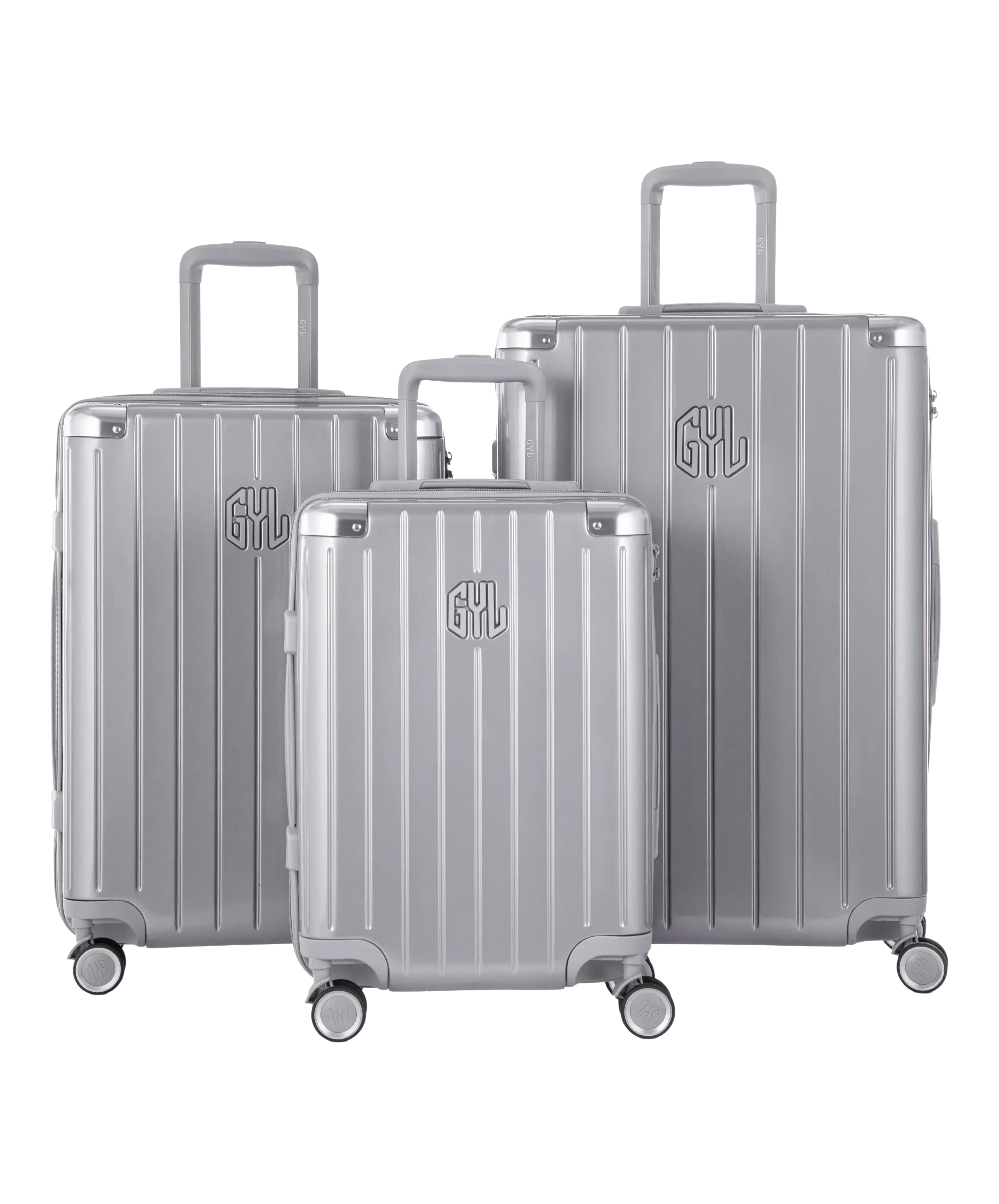 Valise Intemporelle en polycarbonate set de 3 valises cabine semaine et soute coloris argent vue de face du set complet