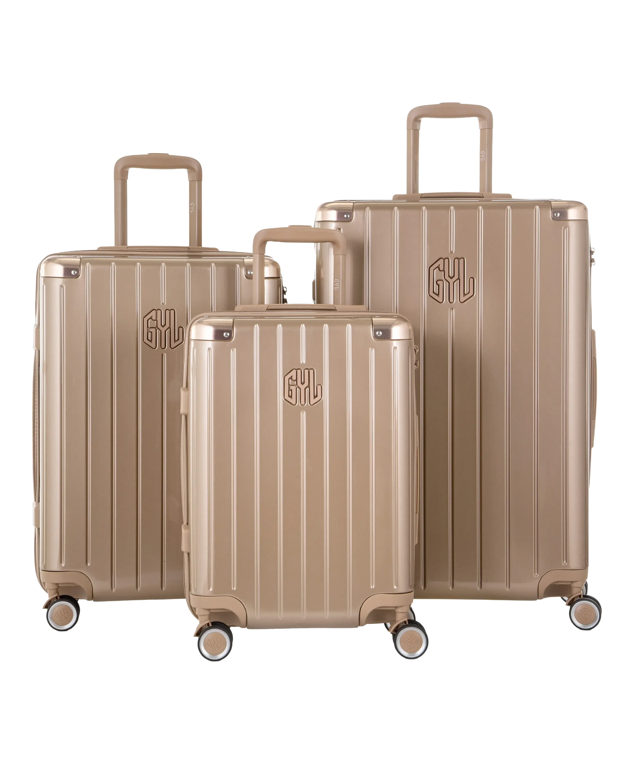 Valise Intemporelle en polycarbonate set de 3 valises cabine semaine et soute coloris champagne vue de face du set complet