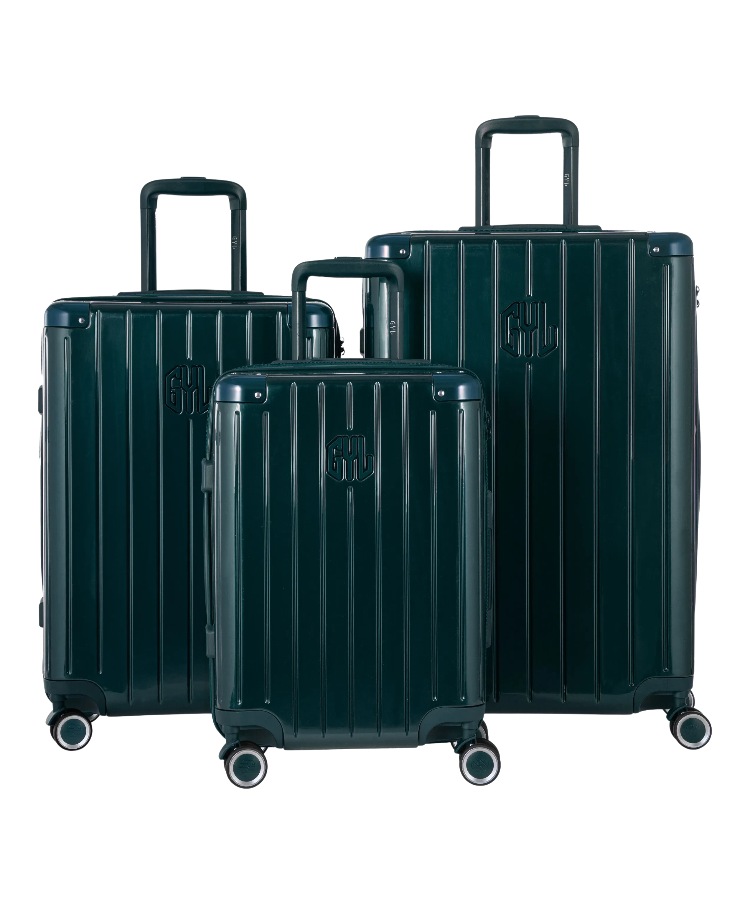 Valise Intemporelle en polycarbonate set de 3 valises cabine semaine et soute coloris vert sapin vue de face du set complet