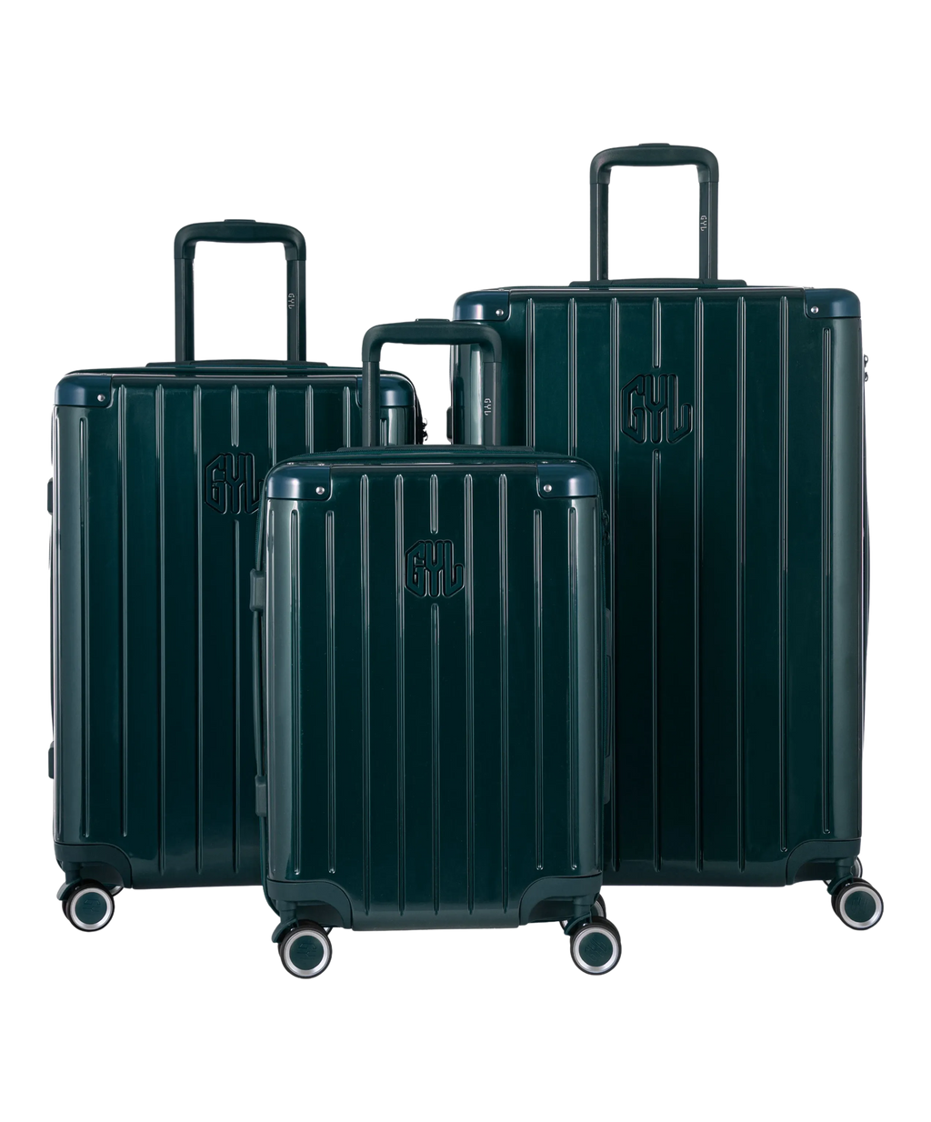 Valise Intemporelle en polycarbonate set de 3 valises cabine semaine et soute coloris vert sapin vue de face du set complet