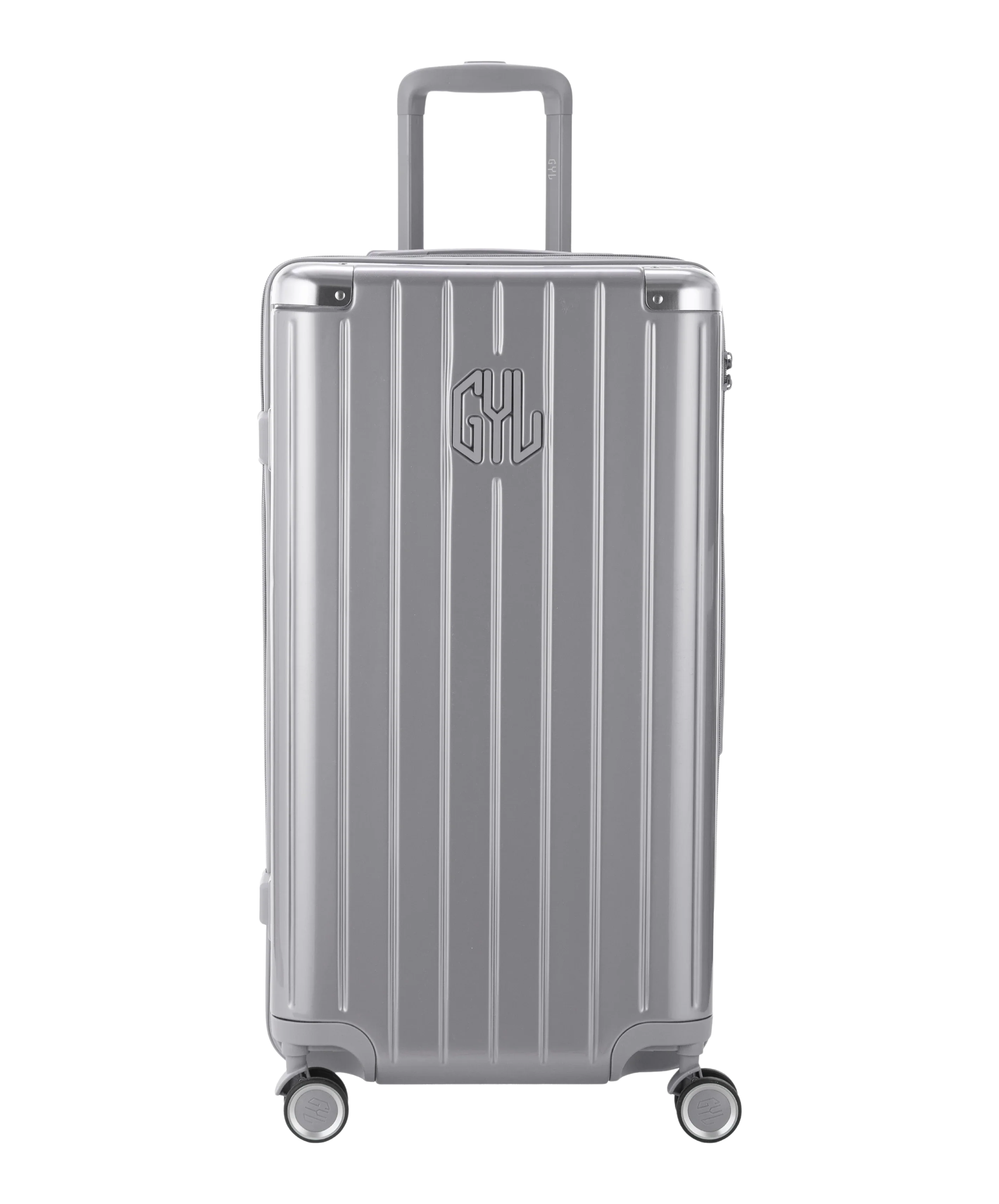 Valise Trunk GYL en polycarbonate Trunk L 75 cm coloris argent vue de face avec logo GYL