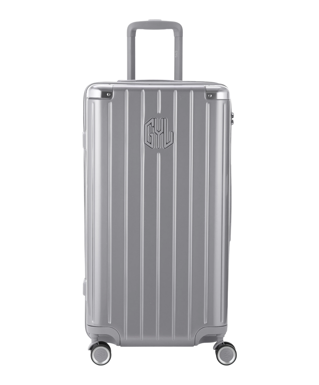 Valise Trunk GYL en polycarbonate Trunk L 75 cm coloris argent vue de face avec logo GYL