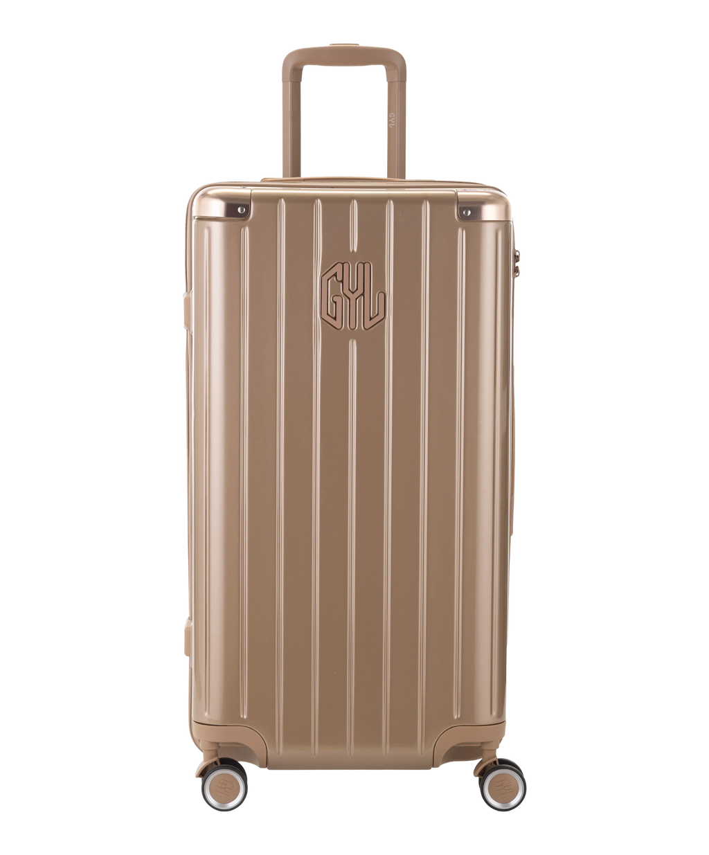 Valise Trunk GYL en polycarbonate Trunk L 75 cm coloris champagne vue de face avec logo GYL