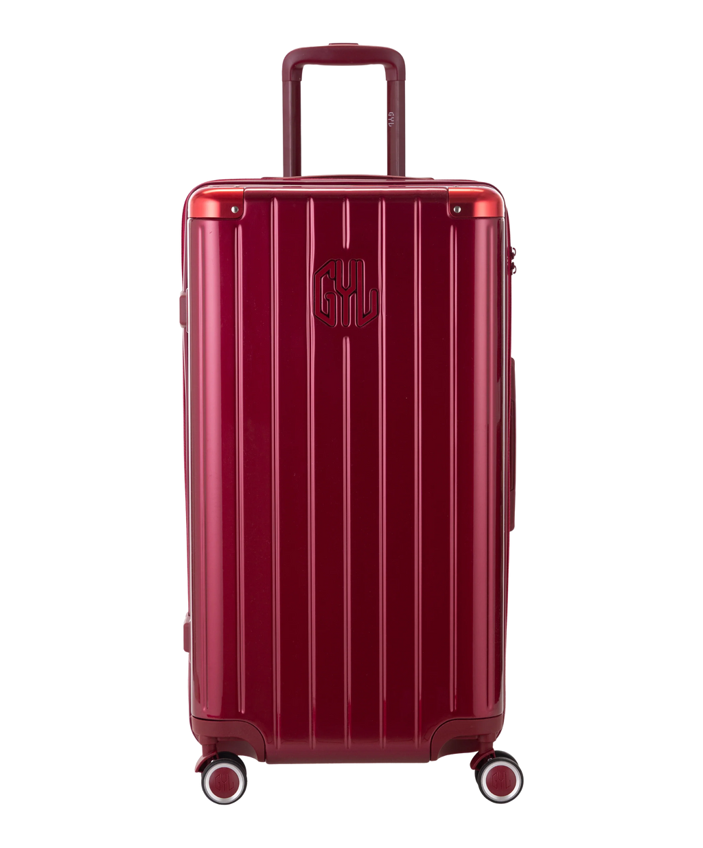 Valise Trunk GYL en polycarbonate Trunk L 75 cm coloris rouge fonce vue de face avec logo GYL