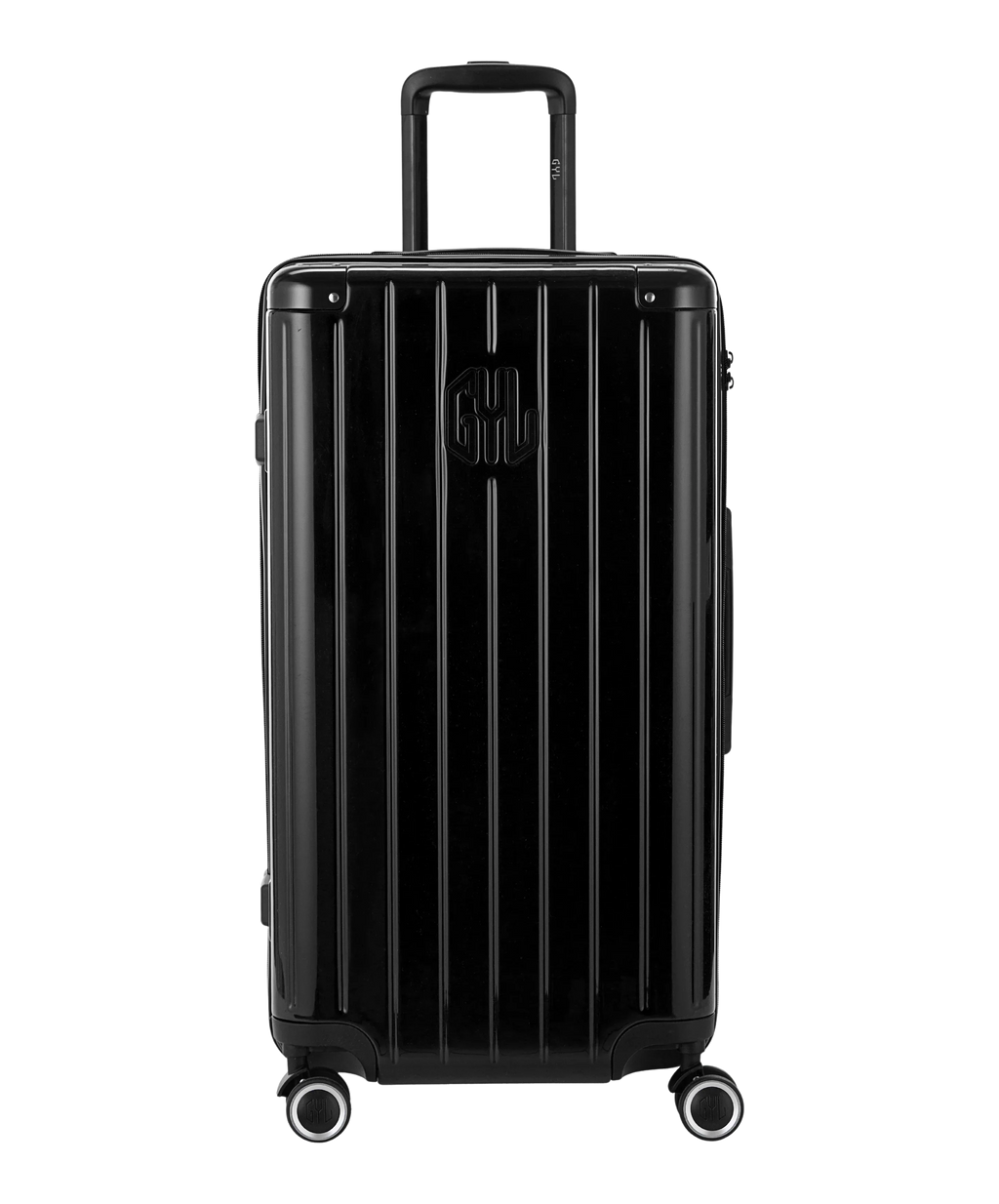 Valise Trunk GYL en polycarbonate Trunk L 75 cm coloris noire vue de face avec logo GYL