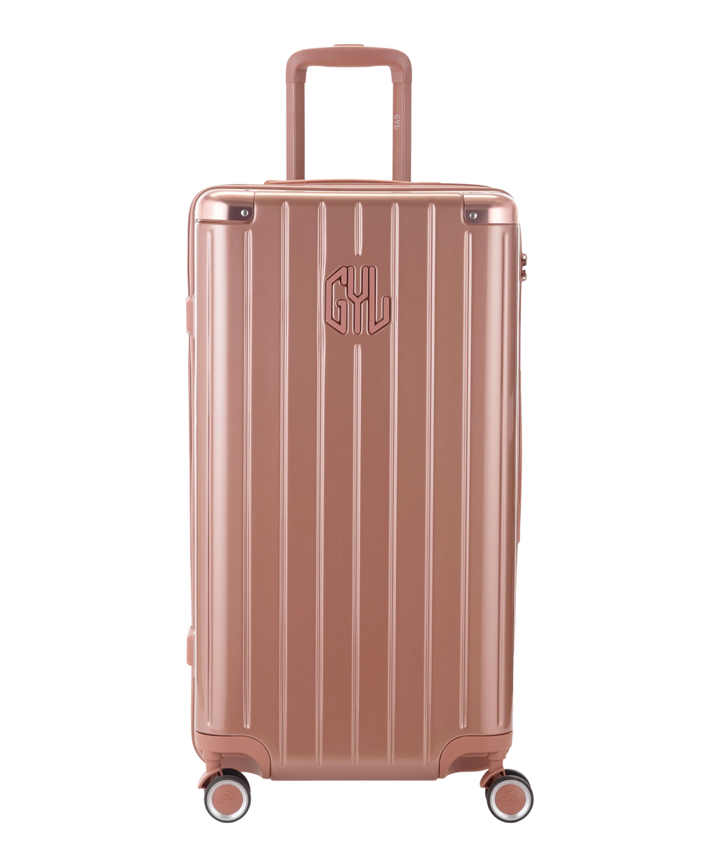 Valise Trunk GYL en polycarbonate Trunk L 75 cm coloris rose gold vue de face avec logo GYL
