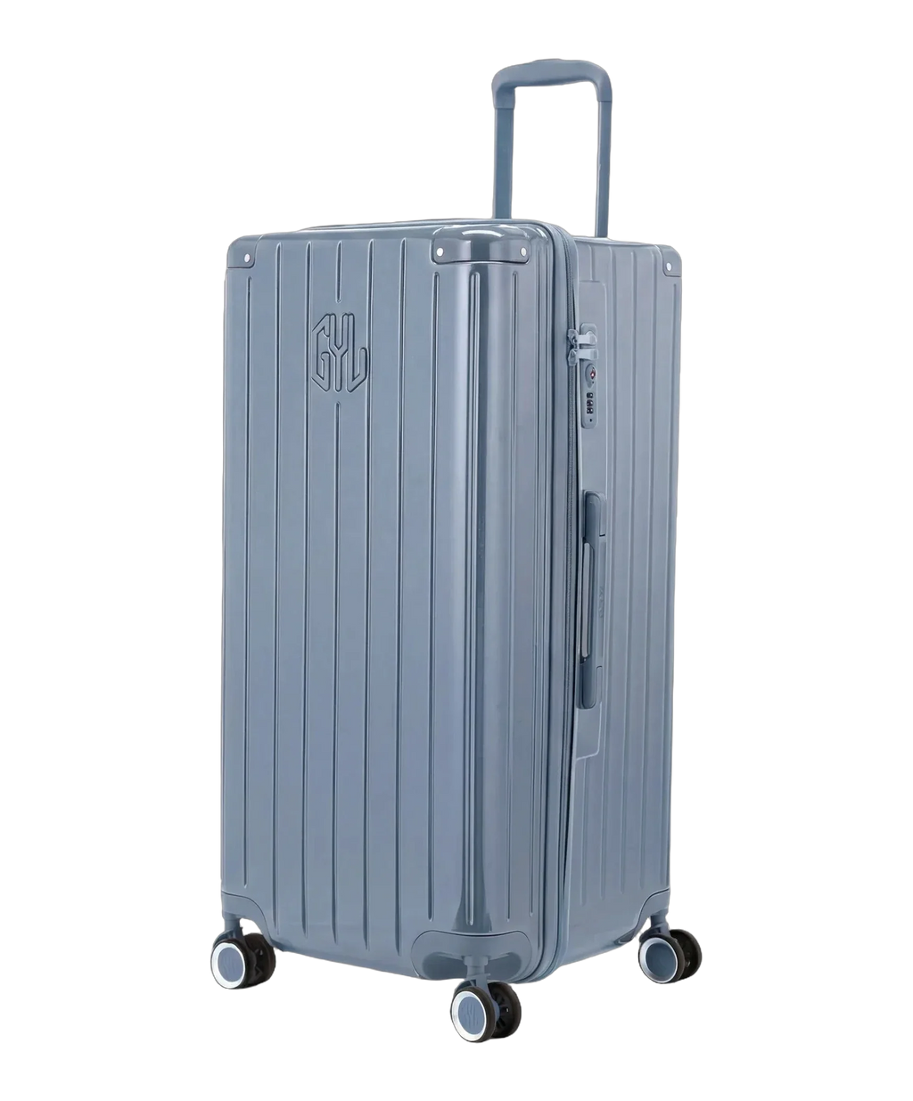 Valise trunk GYL taille XL bleu grise vue trois quarts polycarbonate rigide