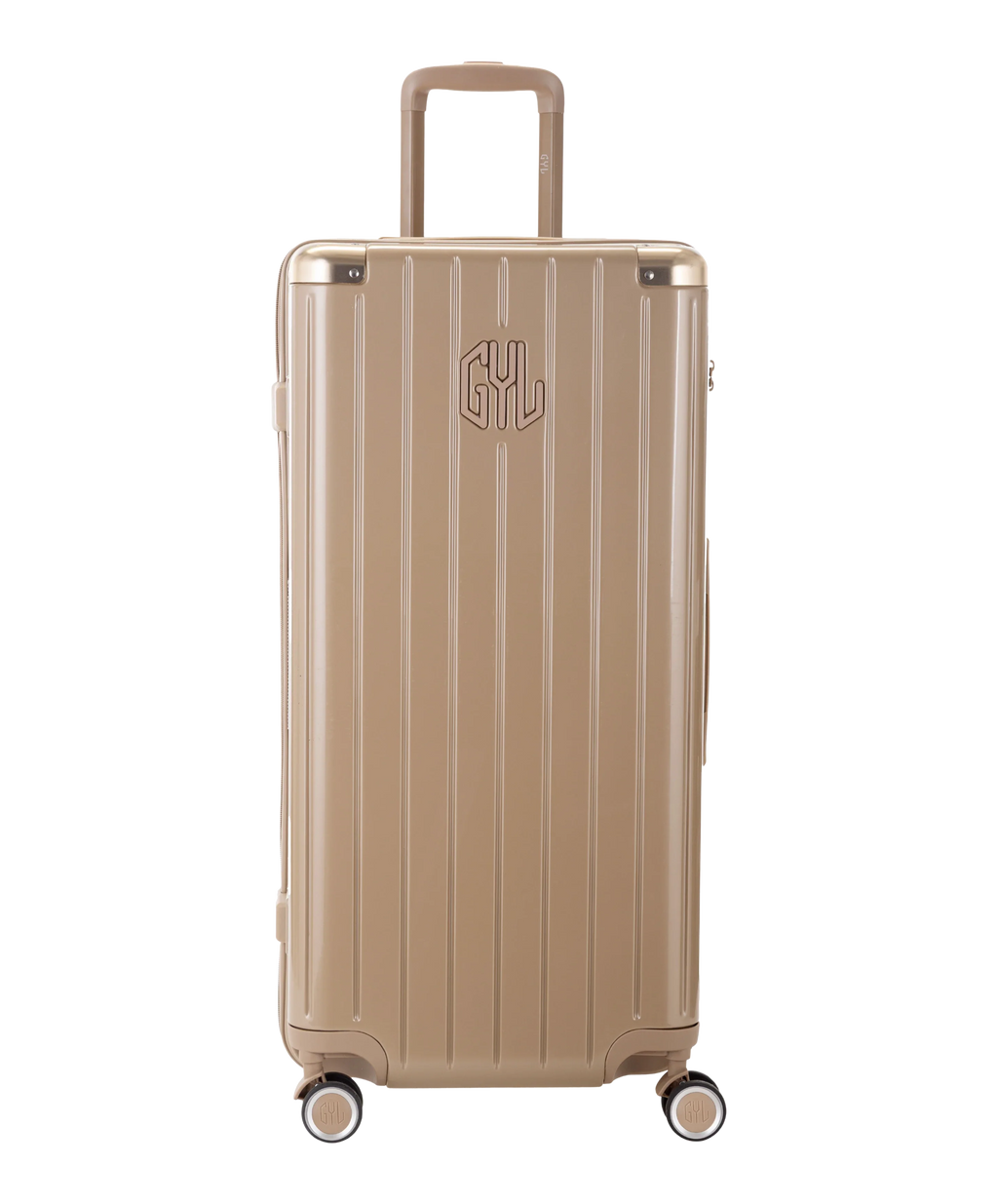 Valise Trunk GYL en polycarbonate Trunk XL 80 cm coloris champagne vue de face avec logo GYL