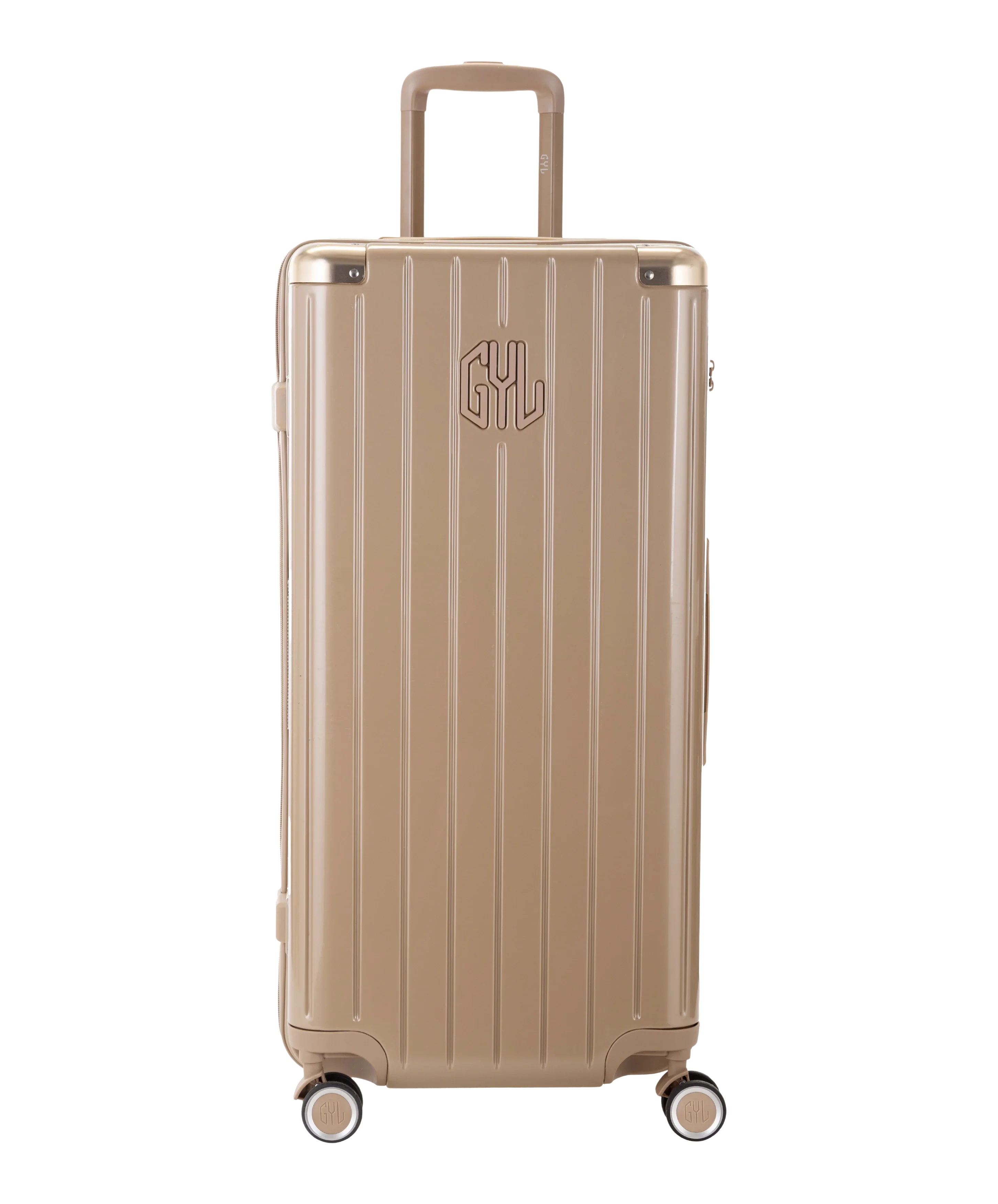 Valise Trunk GYL en polycarbonate Trunk XL 80 cm coloris champagne vue de face avec logo GYL