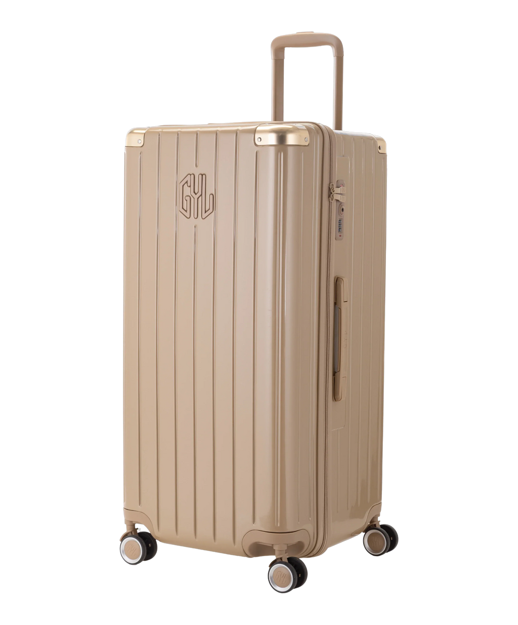 Valise Trunk XL Intemporelle GYL en polycarbonate 78 cm coloris champagne vue trois quarts avant