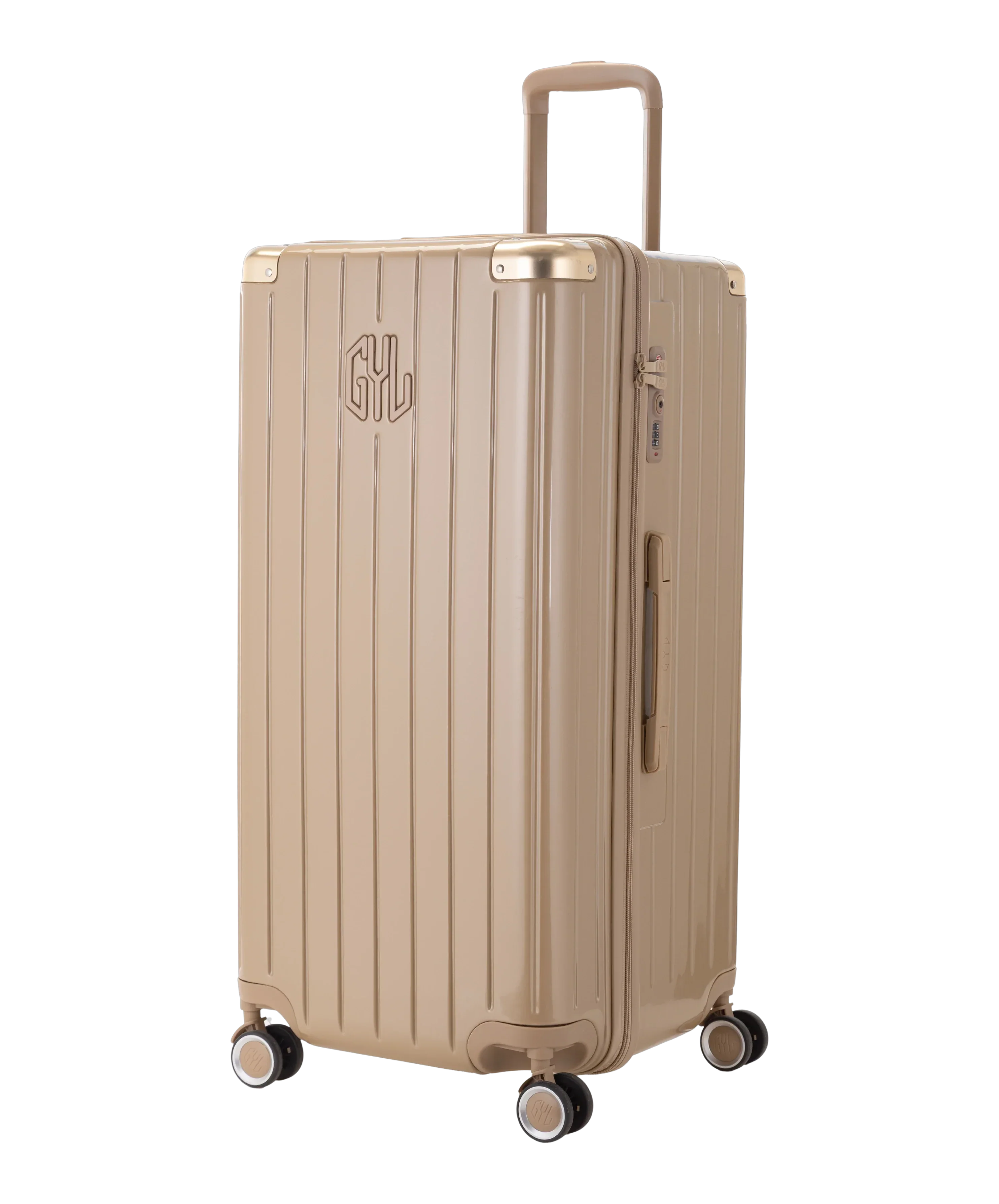 Valise Trunk XL Intemporelle GYL en polycarbonate 78 cm coloris champagne vue trois quarts avant